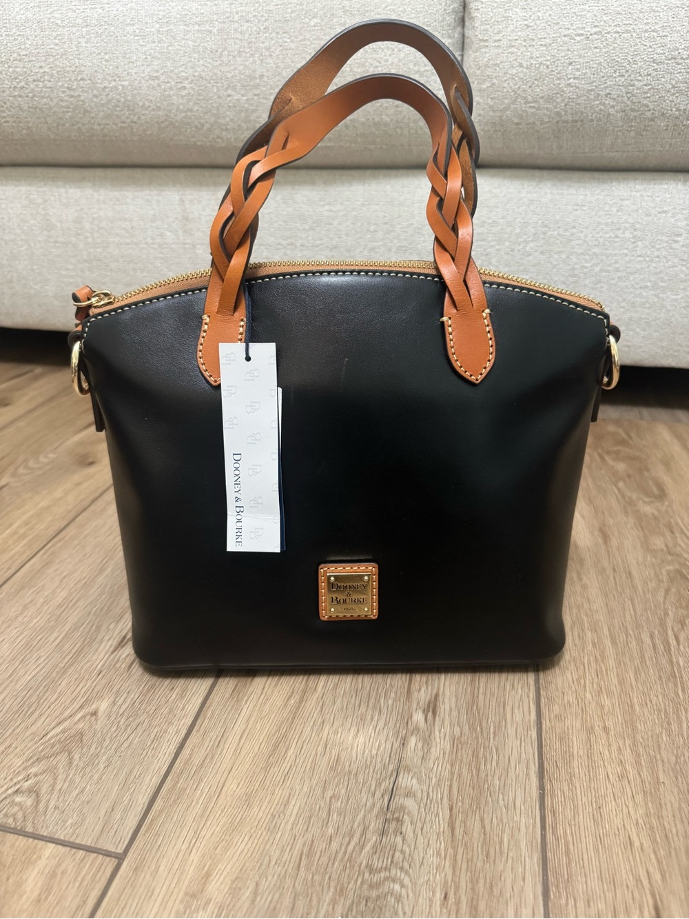 Dooney & Bourke Black Leather Satchel with Tan Braided Handles